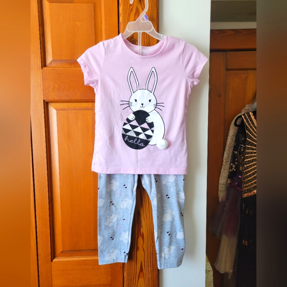 Girls Easter Pink Bunny and Egg Outfit shirt top and pants leggings set 6/6x